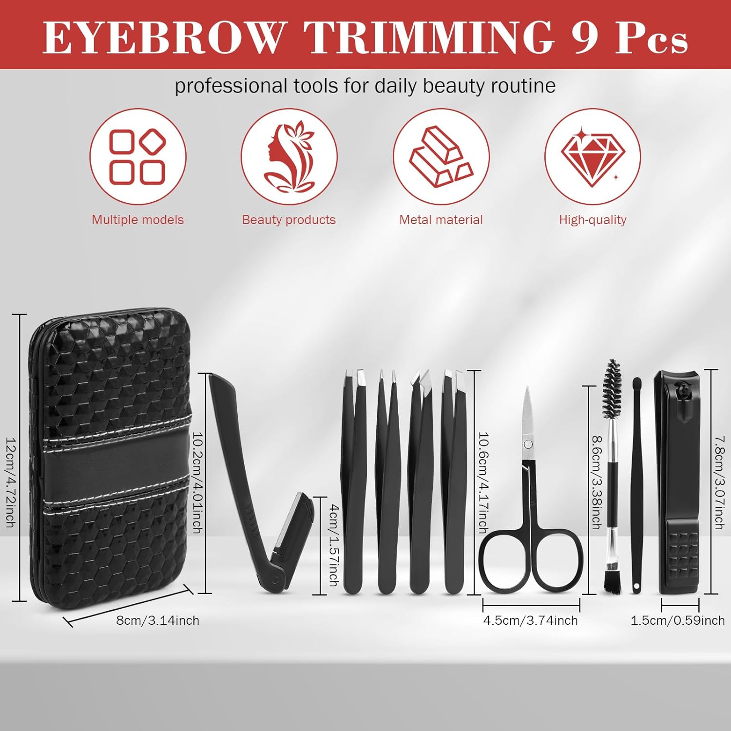 Hyxhappy 9-Piece Stainless Steel Precision Tweezers Kit with Travel Case for Eyebrows - Image 3
