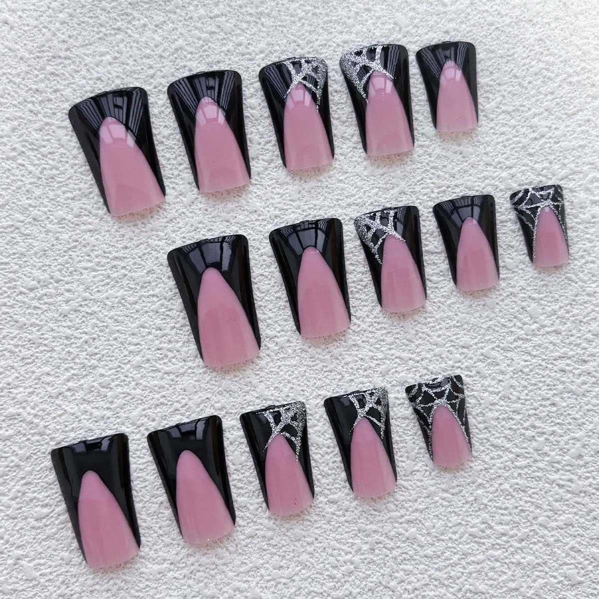 24Pcs Medium Duck Nails Press On Black French Tip with Spider Web Glitter Design - Image 4
