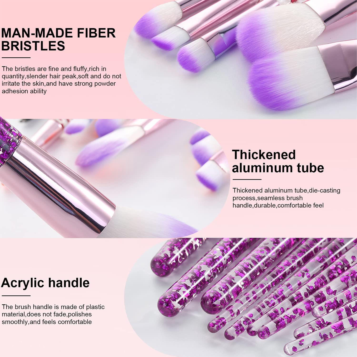 10 Piece Purple Glitter Handle Makeup Brush Set with Clear Pouch for Face & Eyes - Image 6