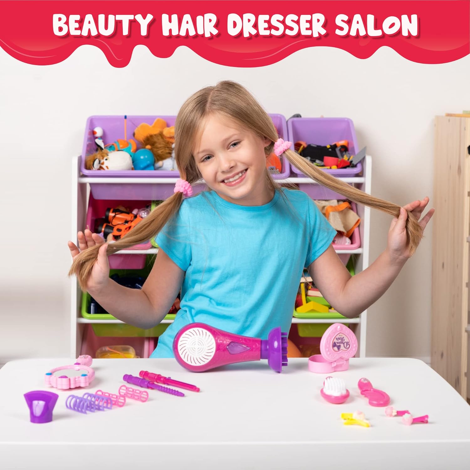JOYIN 17-Piece Pretend Play Beauty Salon Playset for Girls with Toy Hairdryer, Mirror, Curling Iron, and Accessories - Image 6