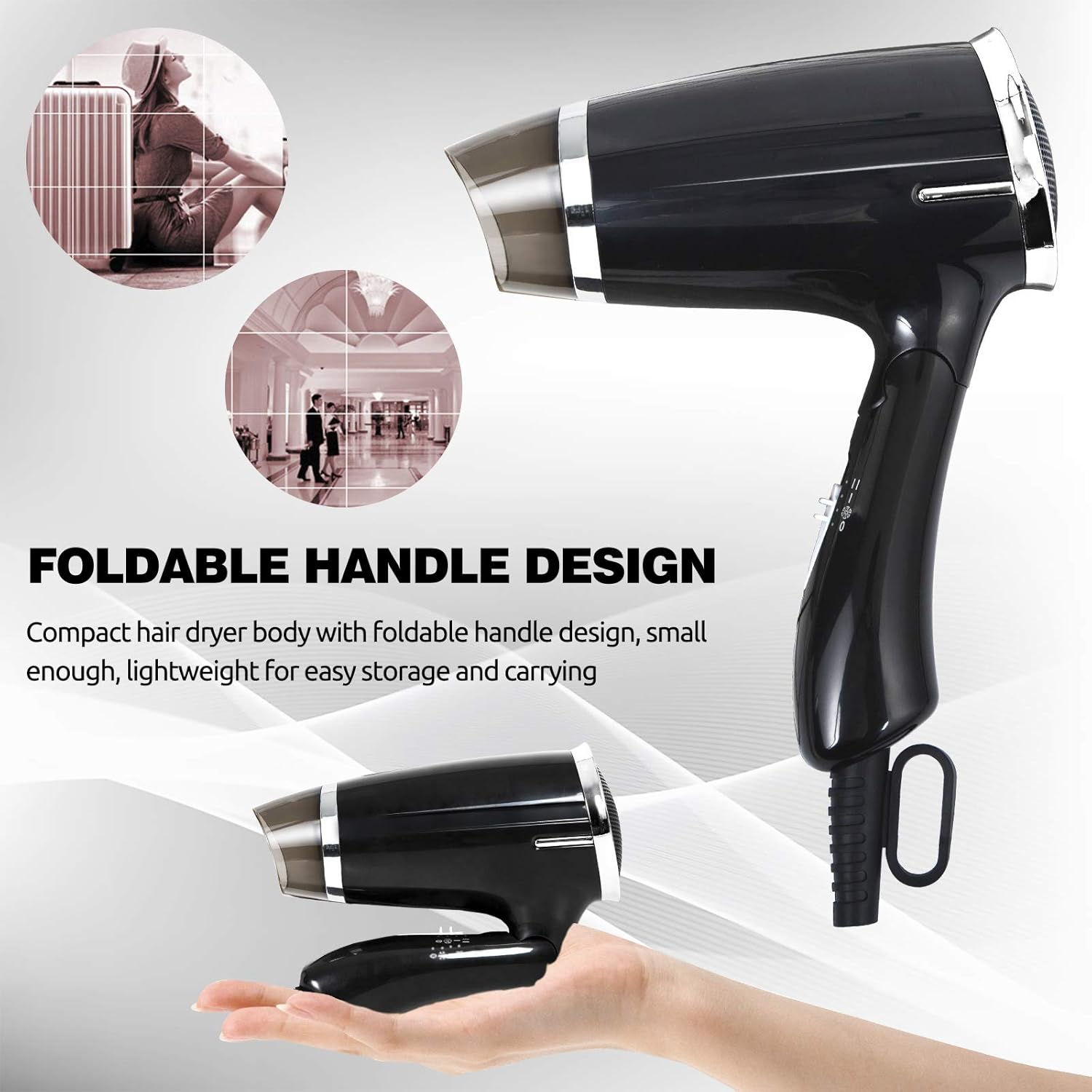VeMee Compact Hair Dryer, 1.1kW Power, Black, 3 Heat Settings, Folding Handle - Image 4