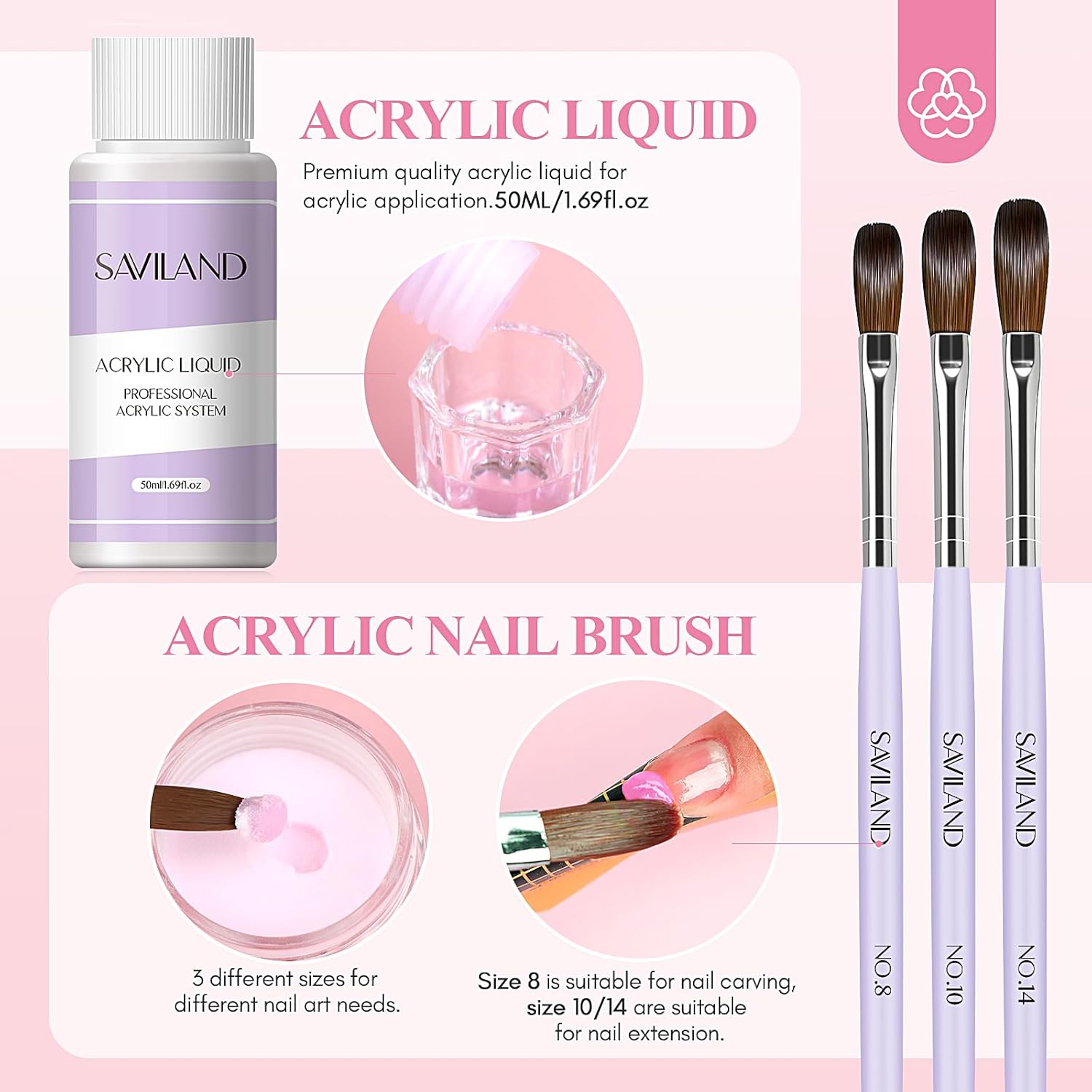 SAVILAND 15-Piece All-Inclusive Acrylic Nail Starter Kit for Beginners, Includes White, Pink, and Clear Powders with Liquid Monomer - Image 6