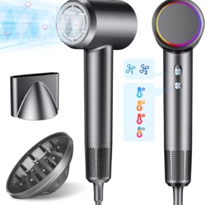 Hair Dryer with 130000 RPM High-Speed Brushless Motor, 500 Million Negative Ionic Thermo-Control, Blow Dryer, Hair Dryer with Diffuser, Nozzle, Fast Drying, Low Noise