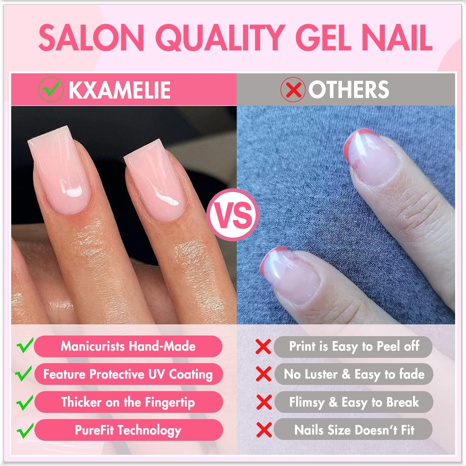 Light Pink Short Square Press On Nails 24 Pack Reusable with Protective Coat - Image 5