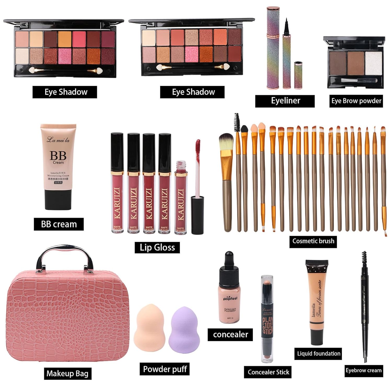Pink All-in-One Makeup Kit with 28 Shades Eyeshadow Palette, Foundation, Eyeliner, Contour - Image 2
