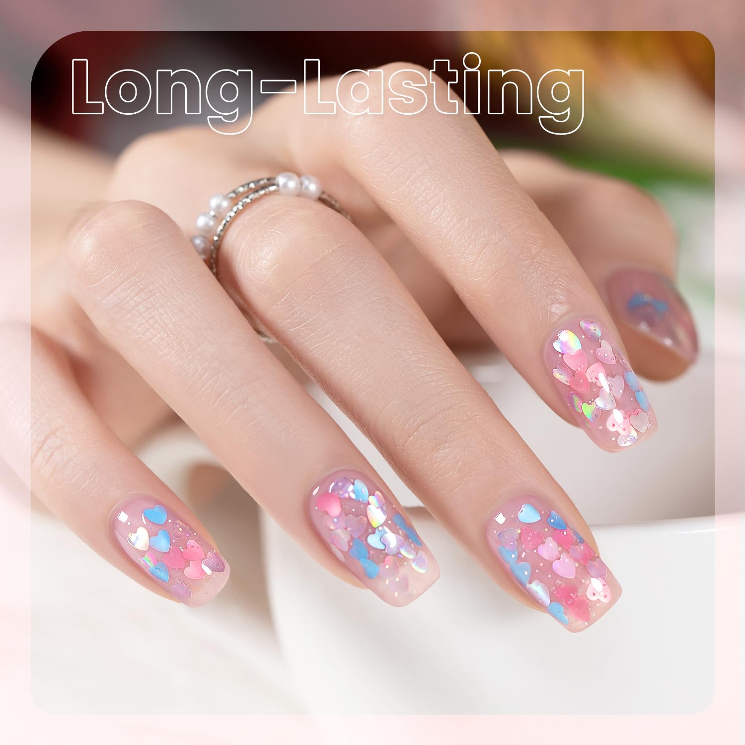 RARJSM 8ml Nude Clear Pink Heart Glitter Gel Nail Polish with Holographic Shine - Image 2
