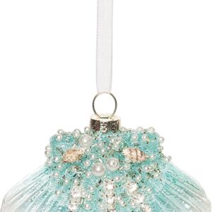 Gallerie II 3.54" Glass & Pearls Aqua Fan Sea Shell Hanging Ornament All Seasons Summer Beach House Christmas Xmas Festive Winter Holidays Artificial Real Tree Decor Decoration Green