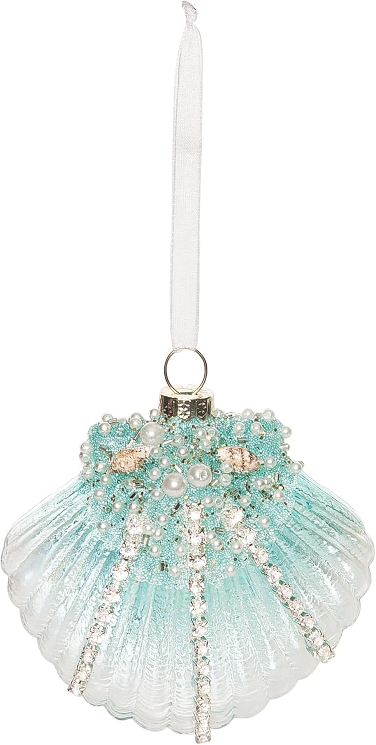 Gallerie II 3.54" Glass & Pearls Aqua Fan Sea Shell Hanging Ornament All Seasons Summer Beach House Christmas Xmas Festive Winter Holidays Artificial Real Tree Decor Decoration Green