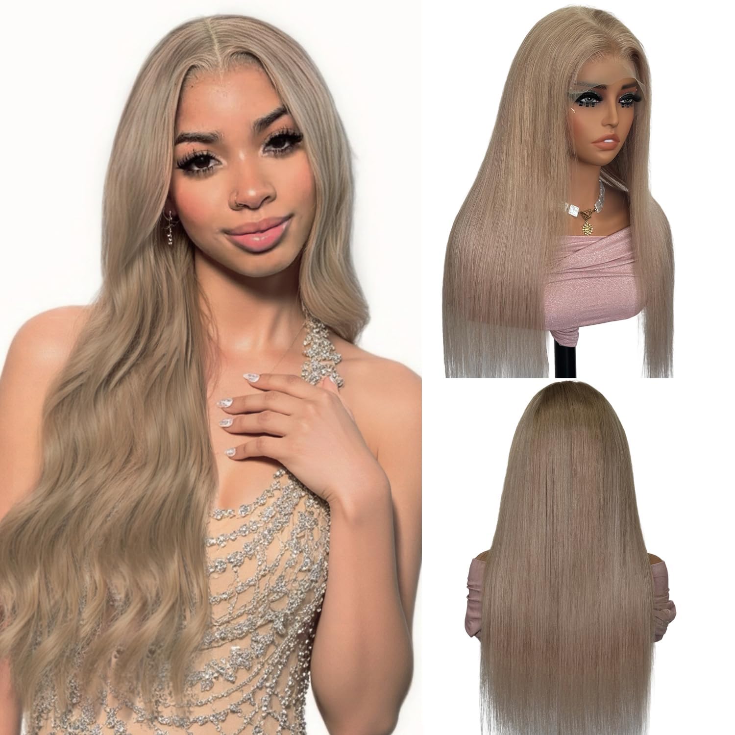 Ash Blonde Wig Human Hair 13x6 Transparent Lace Front Wigs Human Hair 180% Density Ash Blonde Straight Lace Front Wigs for Black Women Pre Plucked Colored HD Lace Frontal Wig 18 Inch