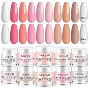Saviland Acrylic Powder Set: Keratin Professional Acrylic Nail Powder Clear/Nudes/Pink Acrylic Ultra Fine Powder for Nail Extension 3D Nail Art Quick Dry Salon Quality Acrylic Nails 10G * 10