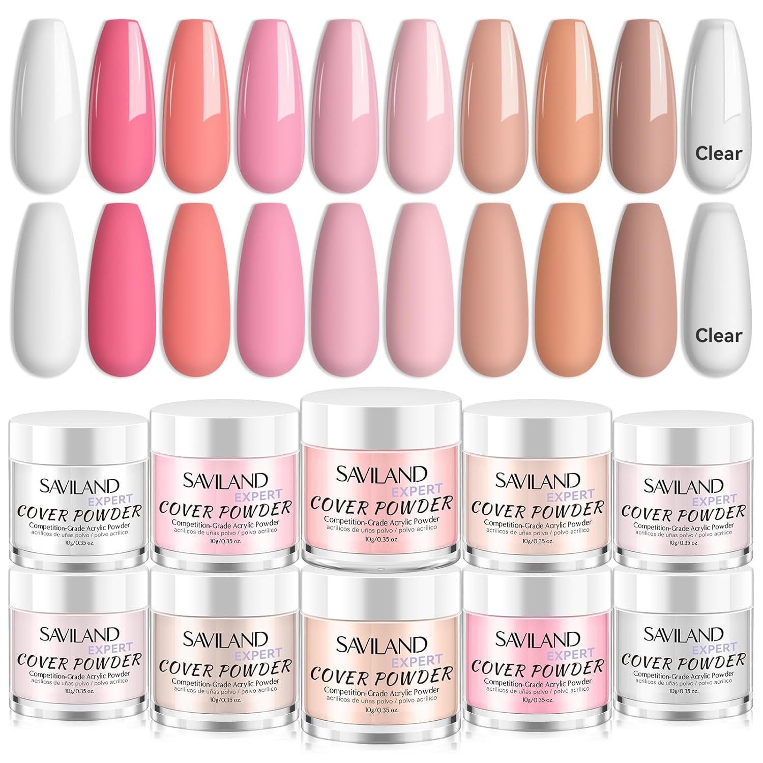 Saviland Acrylic Powder Set: Keratin Professional Acrylic Nail Powder Clear/Nudes/Pink Acrylic Ultra Fine Powder for Nail Extension 3D Nail Art Quick Dry Salon Quality Acrylic Nails 10G * 10