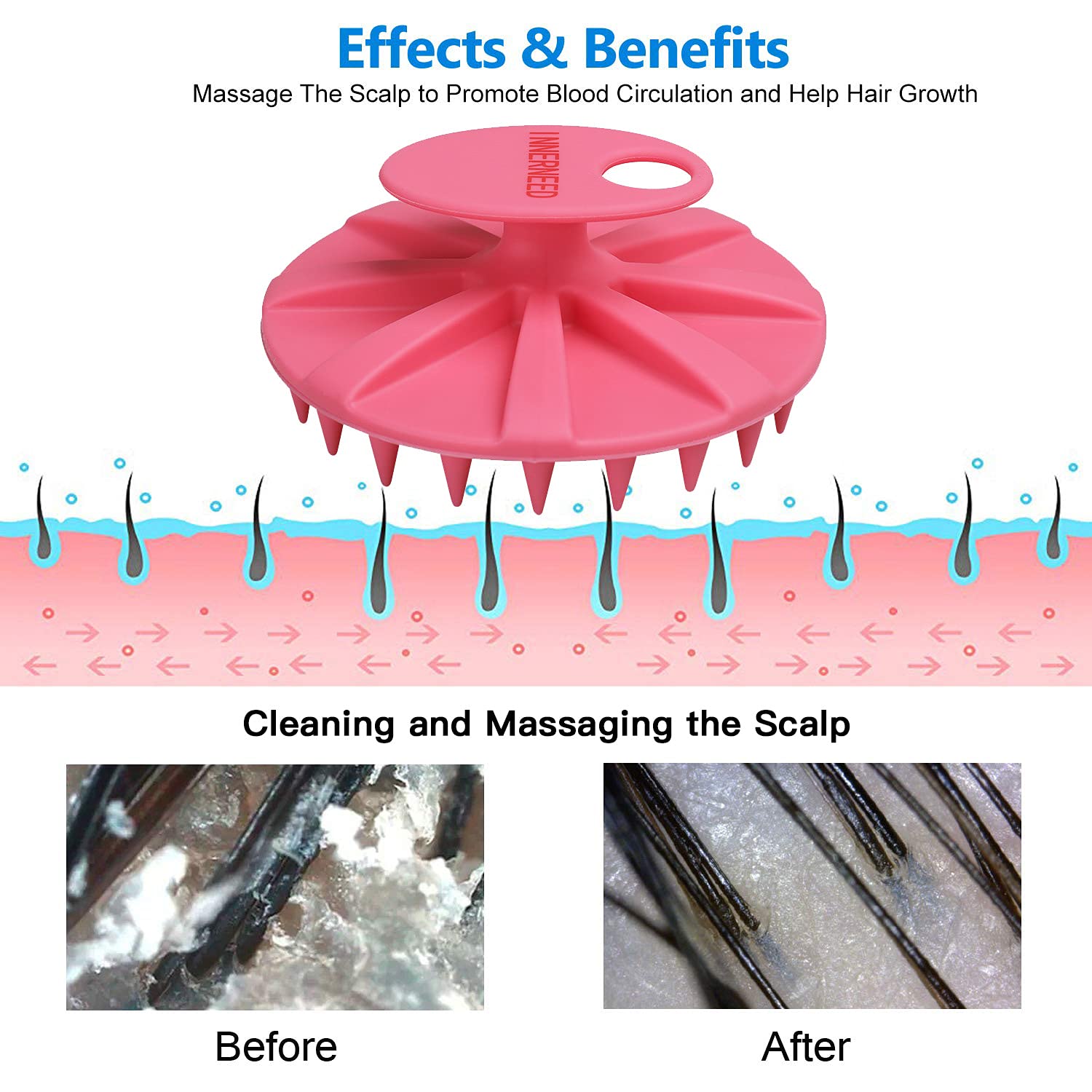 INNERNEED Pink Scalp Massager Shampoo Brush Soft Silicone Bristles All Hair Types - Image 3