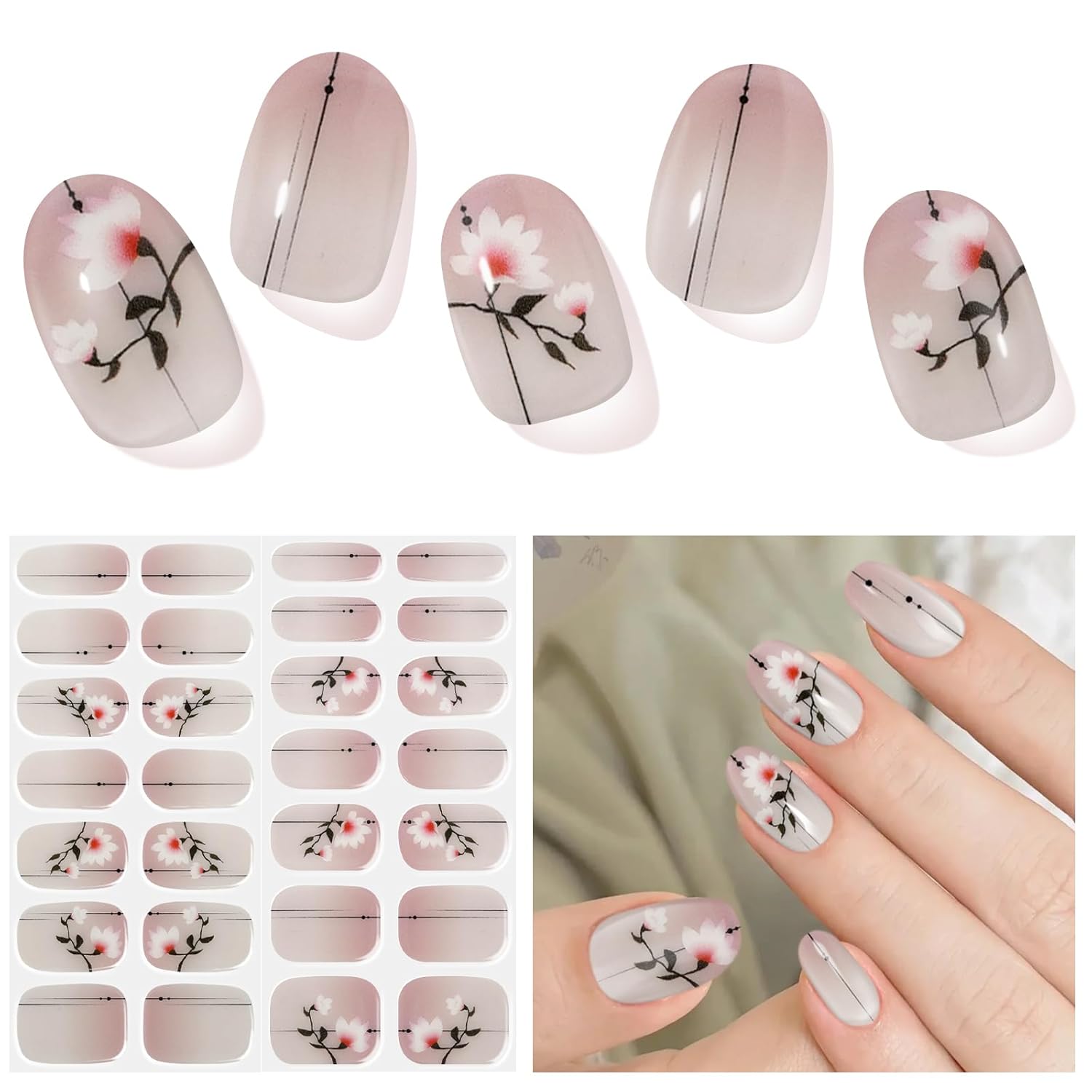 Semi Cured Gel Nail Strips, Longzhu Yarn | 28 pcs Gel Nail Strips Work with Any UV Lamp, Salon Quality UV Nails Stickers, Easy to Apply for Home Nails DIY