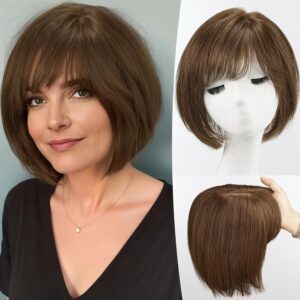 starluck Hair Topper for Women Real Human Hair 6.5x6.5 inch Base Brown Short Bob with Bangs Side Part SilkHug Human Hair Topper for Women with ThinngHair Cover Gray Roots