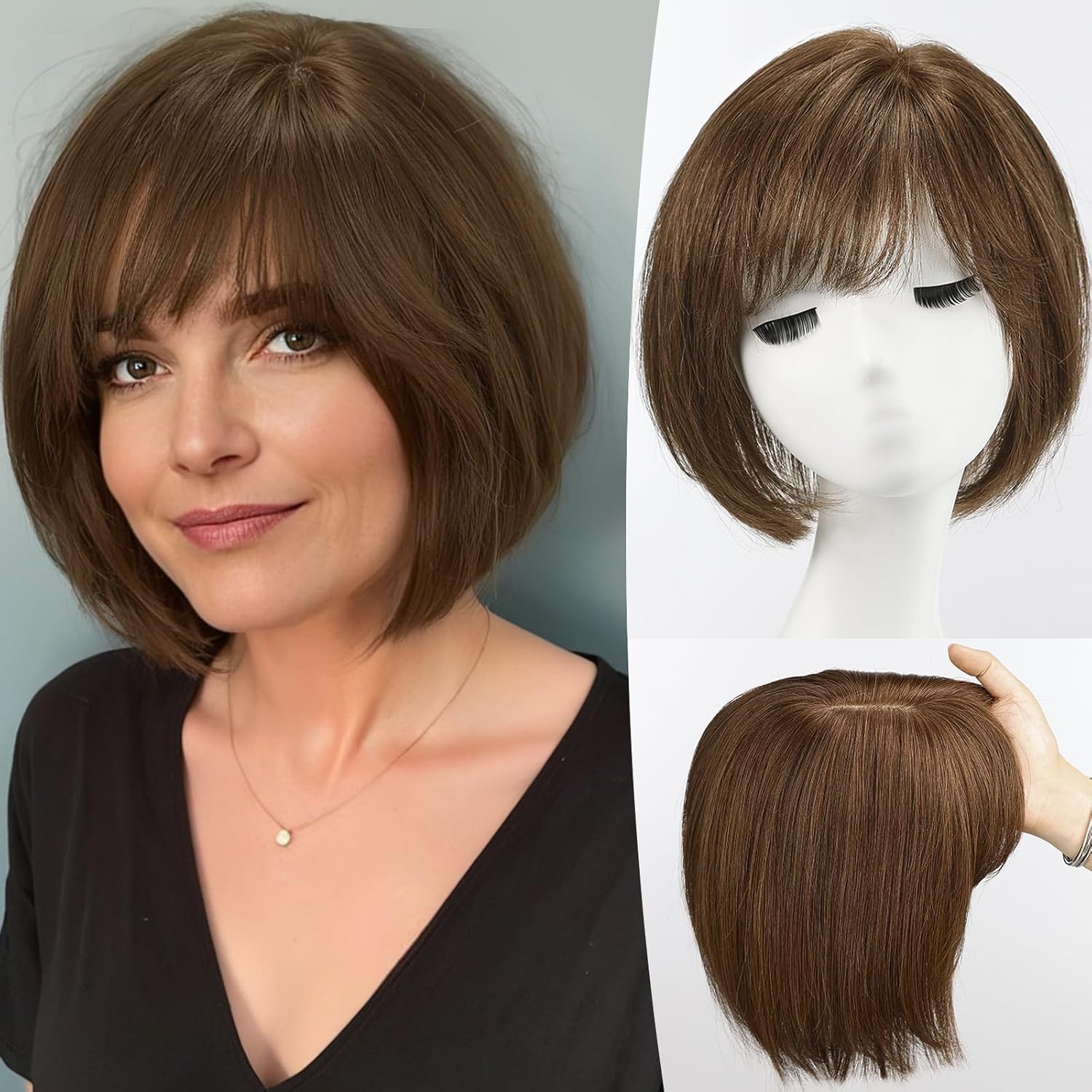 starluck Hair Topper for Women Real Human Hair 6.5x6.5 inch Base Brown Short Bob with Bangs Side Part SilkHug Human Hair Topper for Women with ThinngHair Cover Gray Roots