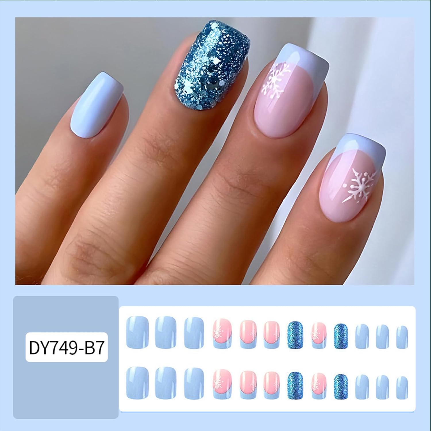 Short Square Blue Snowflake French Tip Press on Nails 24 Pcs Acrylic Kit - Image 3