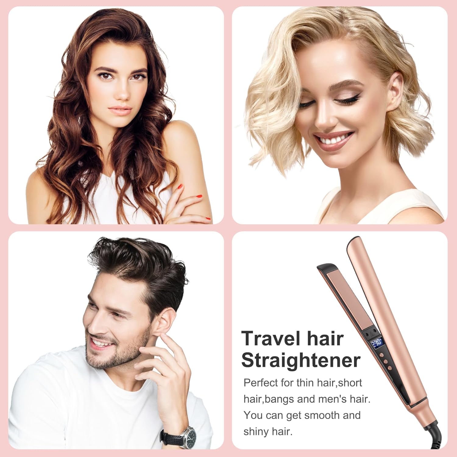 Ceramic Mini Flat Iron for Short Hair and Curls, Dual Voltage Travel Size, Pink - Image 2