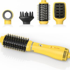 IG INGLAM Hair Dryer Brush, 4-in-1 Detachable Blow Dryer Brush, Ionic Diffuser Hair Dryer & Styler Volumizer with Oval Titanium Barrel, One-Step Hot Air Blowout Brush, Updated Push Switch, Yellow