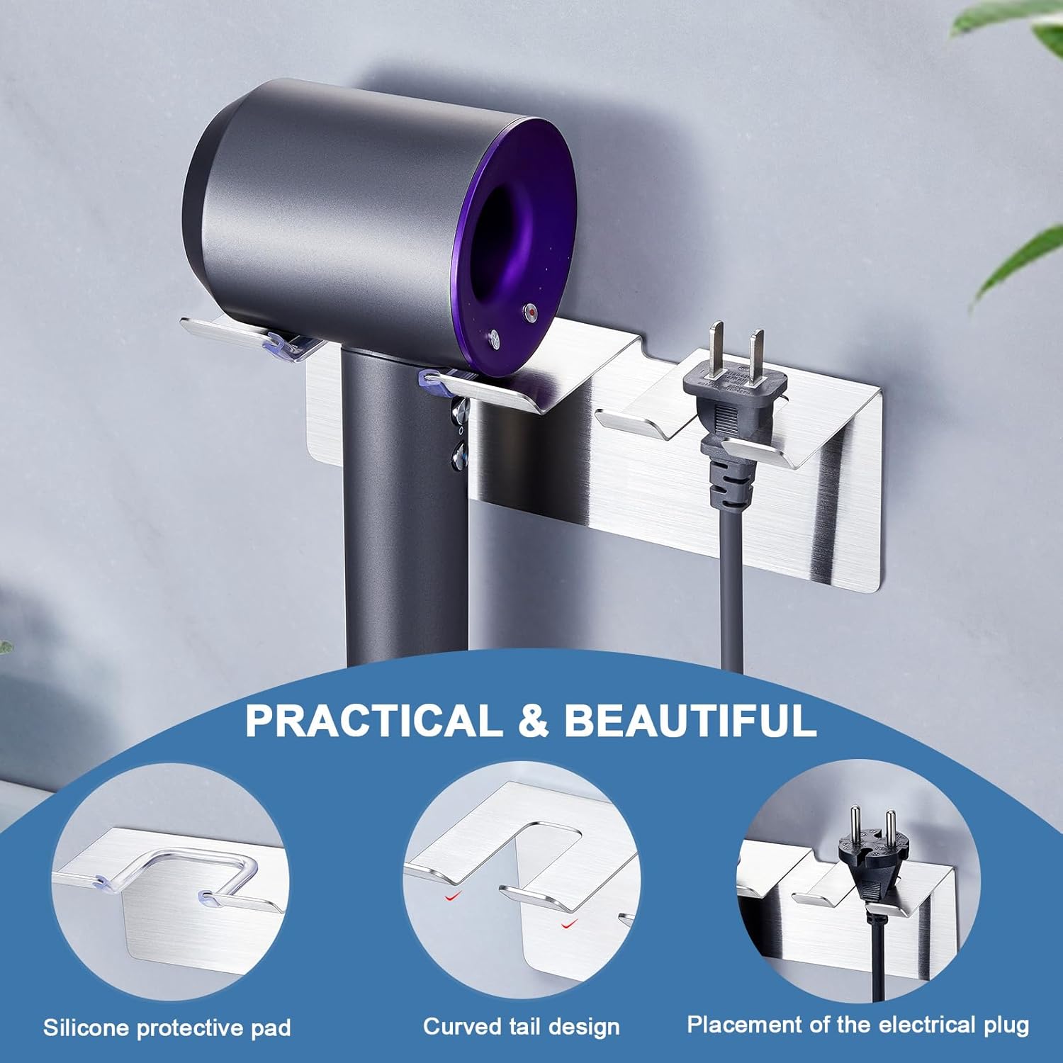 SUS 304 Stainless Steel Wall Mount Hair Dryer Holder with Self Adhesive Plug Hooks for Bathroom - Image 2