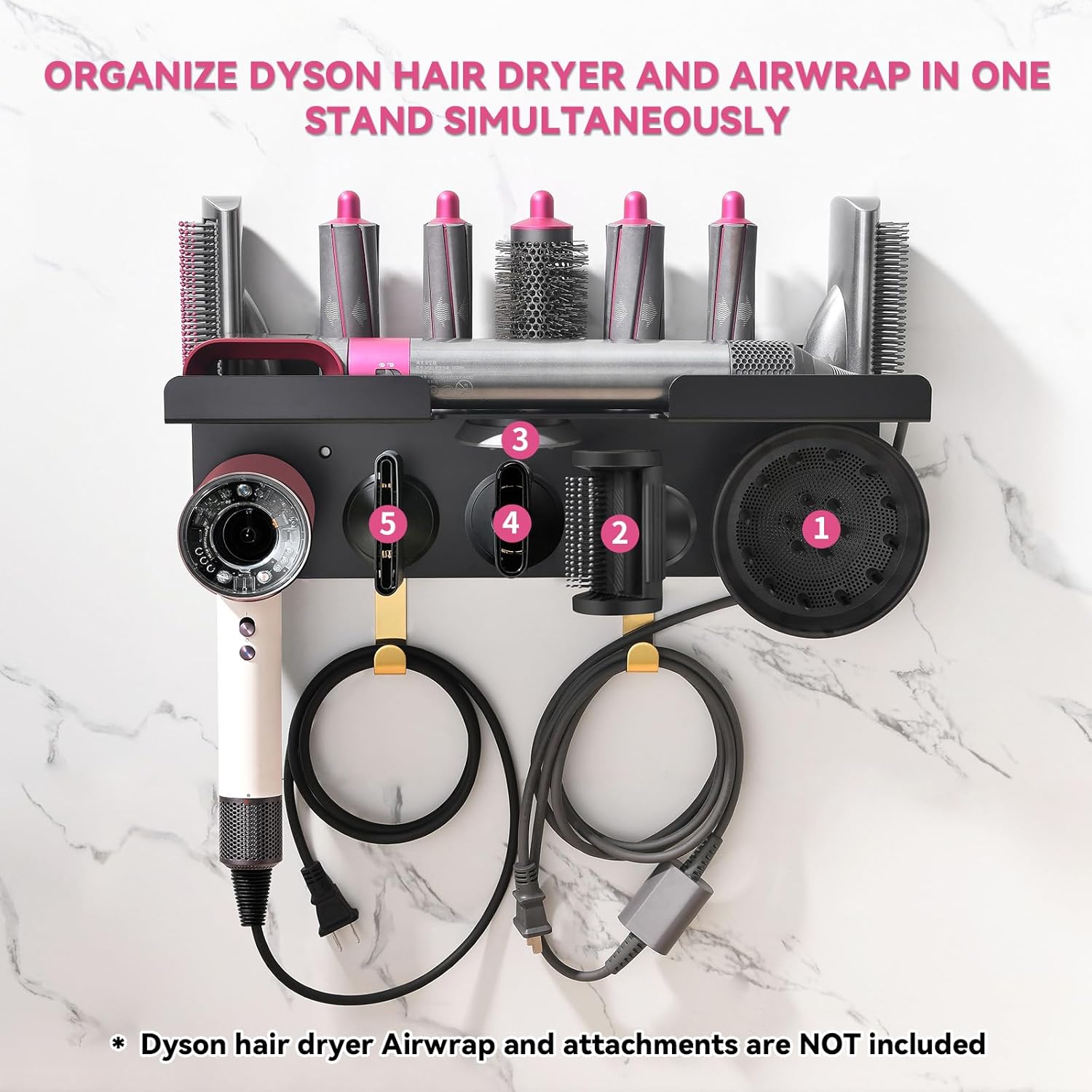 Wall Mount Holder with Dyson Airwrap Styler HD16 Hair Dryer, Magnetic adsorption Organizer for Storage Attachments, Rack with Hooks for Accessories Nozzles Barrels Brushes