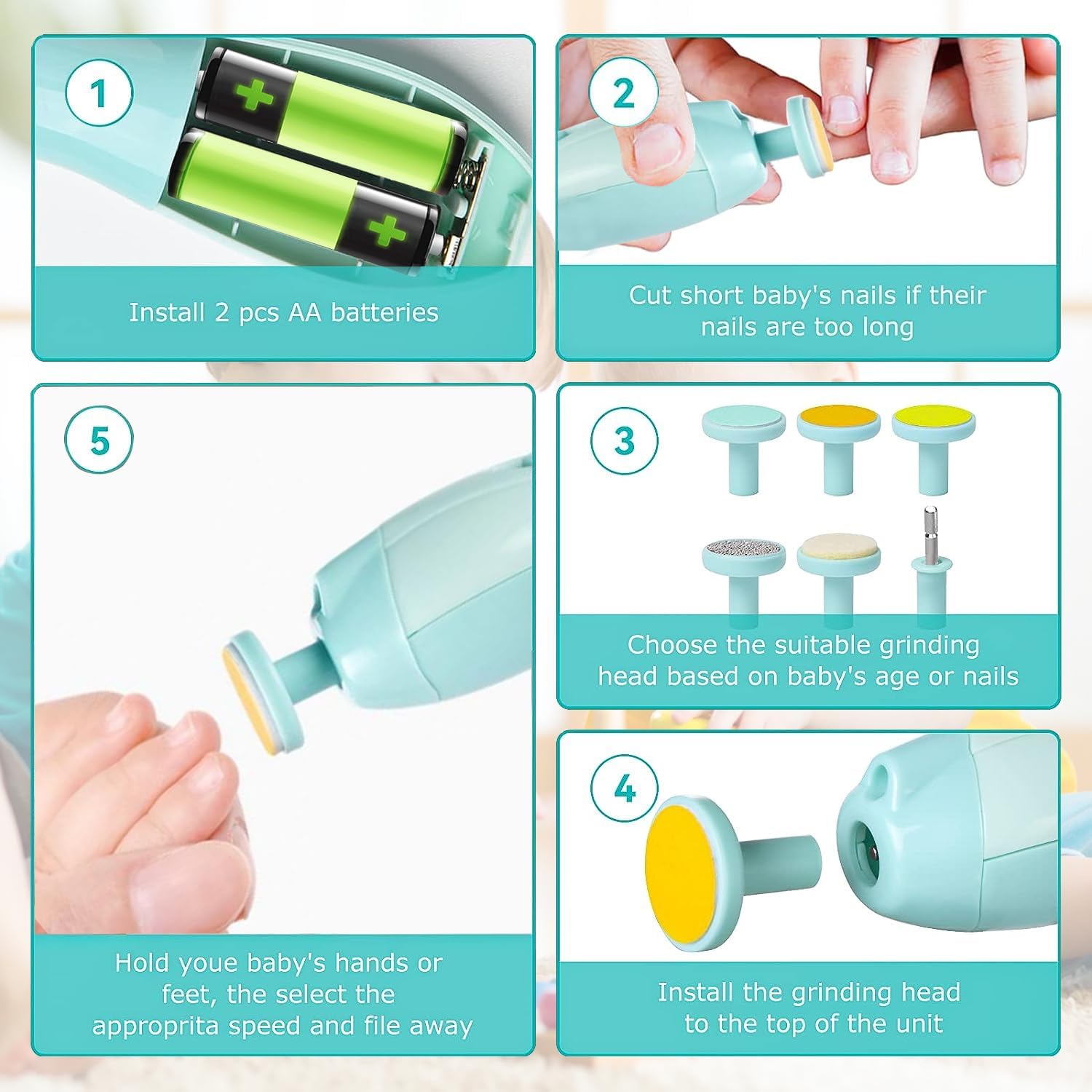 Gentle Baby Nail Care Kit with 6 Grinding Heads and Built-in LED Light - Image 3