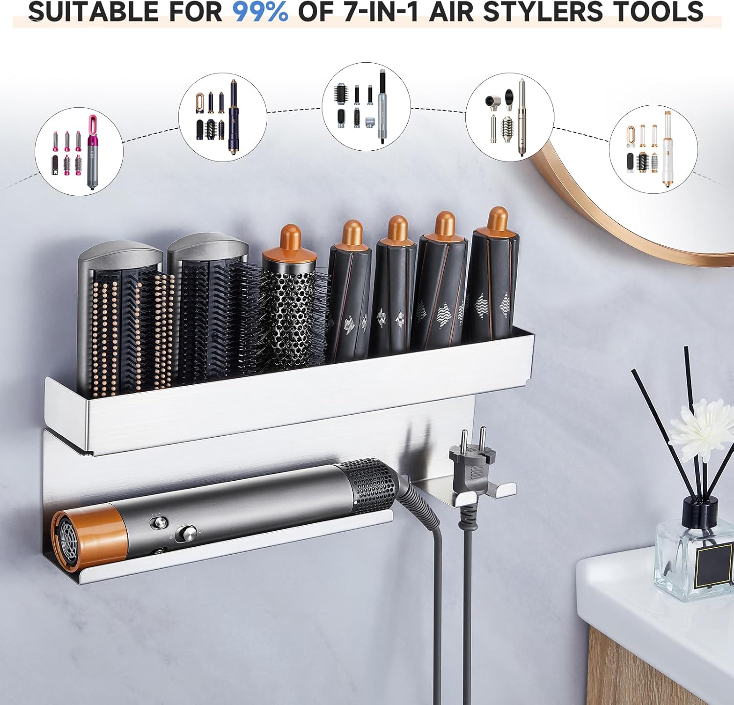 Storage Hair Dryer Holder for Curling Iron Wands Accessories, Hair Straightener Holder, Wall Mount Hair Tool Organizer for Styler Attachments,Stainless Steel Curling Iron Holder Organizer for Bathroom - Image 4