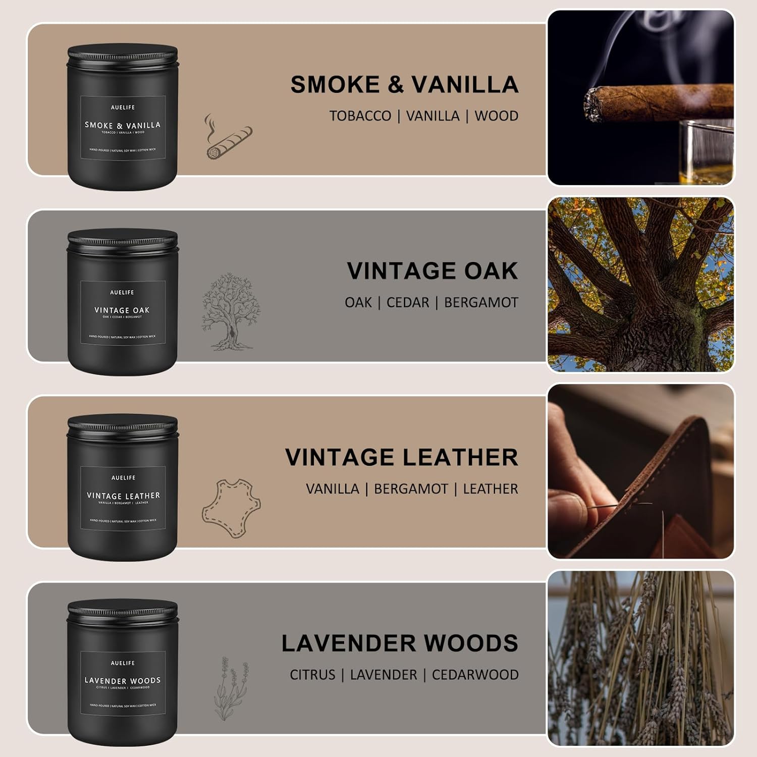 4 Pack Scented Candles Gift Set for Men - Aromatherapy with Leather, Smoke, Vanilla, Oak, Lavender Scents - Image 2