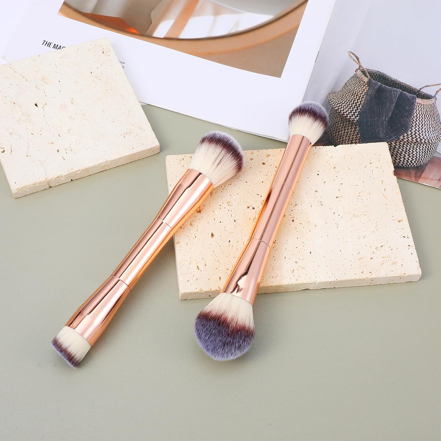 2 Pcs Double-Ended Foundation Concealer Makeup Brushes Liquid Cream Blush Gold - Image 7