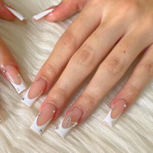 French Tip Press on Nails Medium Long Square Fake Nails White Pink Bare Ballerina Stick on Nails For Women Glue on Nails Acrylic False Nails Rhinestone Butterfly Wedding Birthday