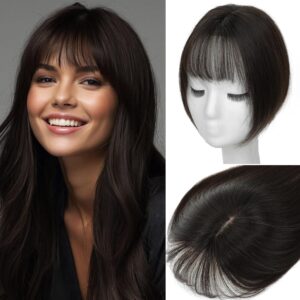 Hair Toppers for Women Real Human Hair, 360°3D Cover Toppers Pieces for Women with Thinning Crown Wispy Clip in Bangs 10 Inch (Dark Brown)