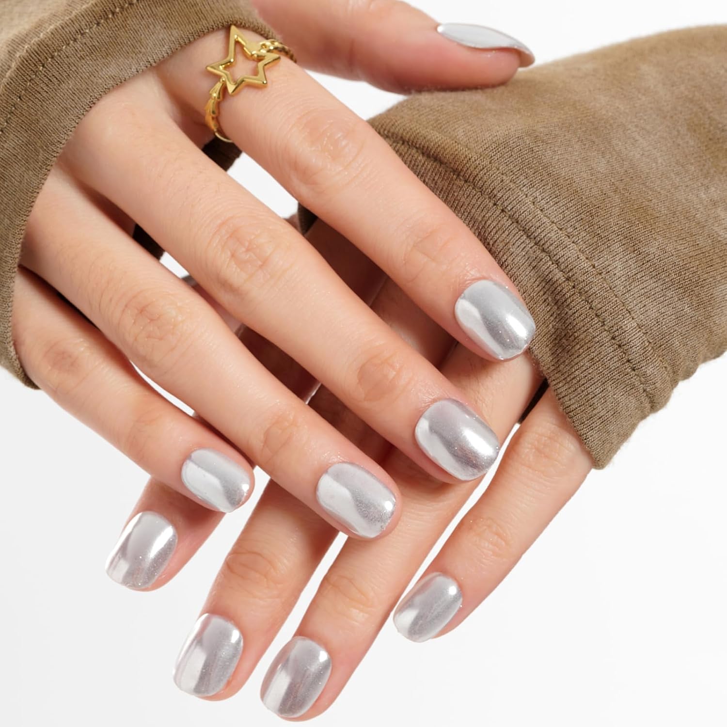 GLAMERMAID 24Pcs Handmade Extra Short Squoval Silver Chrome Gel Press On Nails Set - Image 4