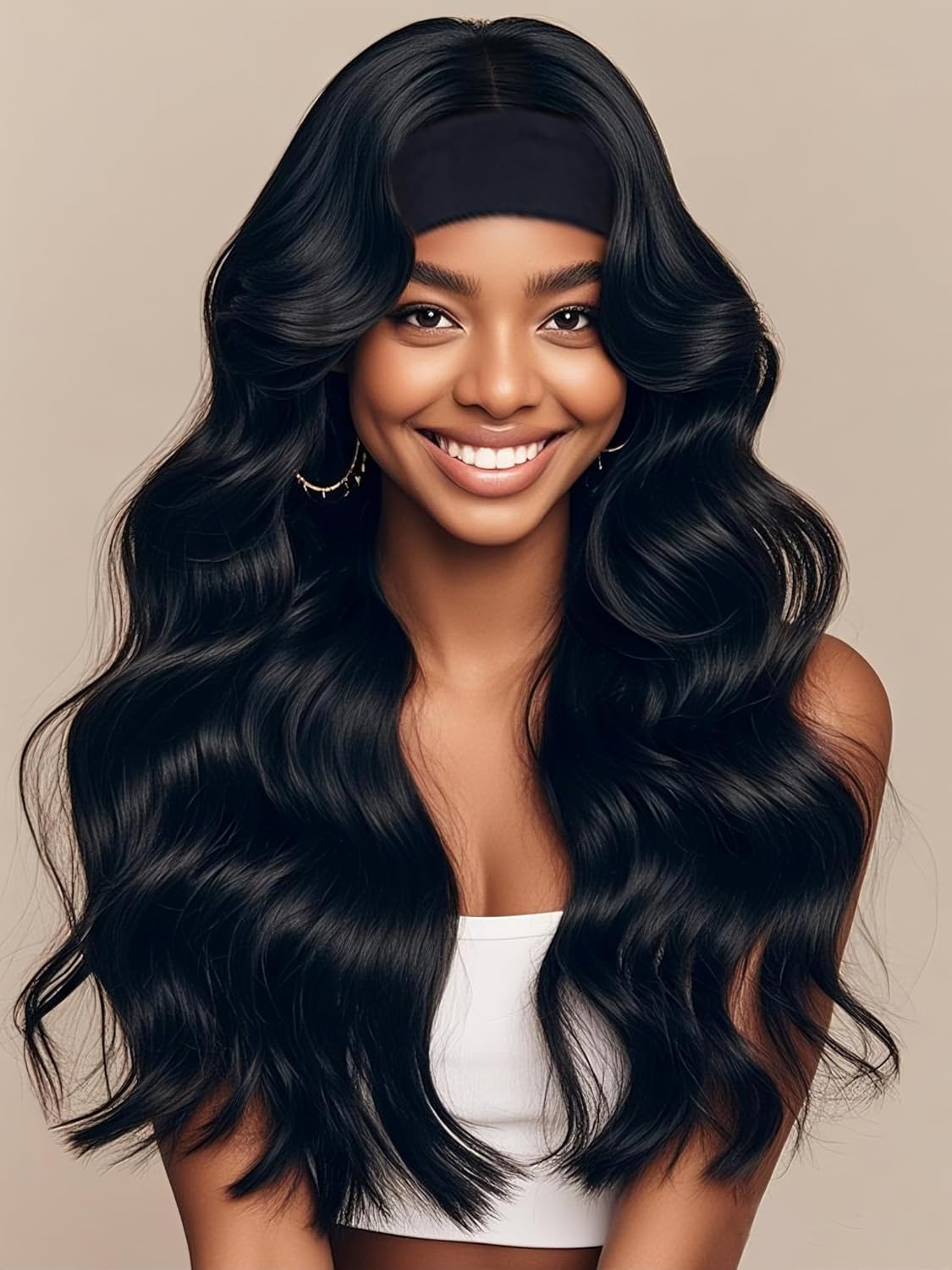 Body Wave Headband Wig Human Hair for Black Women Glueless No Lace Front Brazilian Virgin Human Hair Headband wigs 180% Density Wear and Go Machine-Made Natural Look(18in)