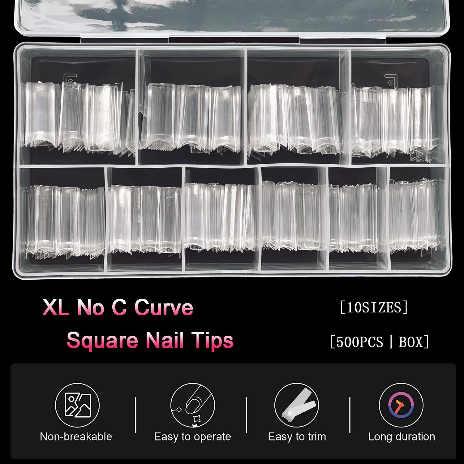 XL No C Curve Square Nail Tips 500pcs Clear Acrylic Tapered Half Cover Nails with Case - Image 2