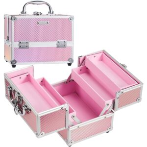 FRENESSA Makeup Train Case Portable Makeup Case Organizer Cosmetic Box Make Up Box Makeup Organizer Cosmetic Storage Cases with Locking Nail Kit Organizer Travel Case Mermaid Pink