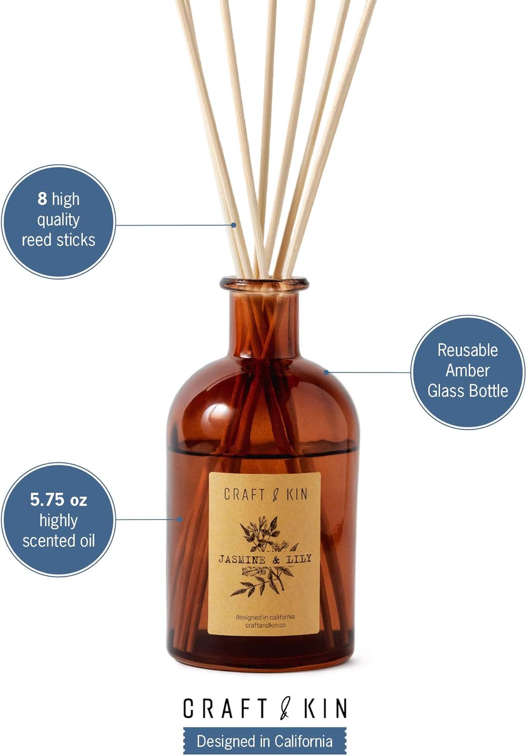 Craft & Kin Lily & Jasmine Reed Diffuser 5.75oz Amber Glass with 8 Rattan Sticks - Image 8