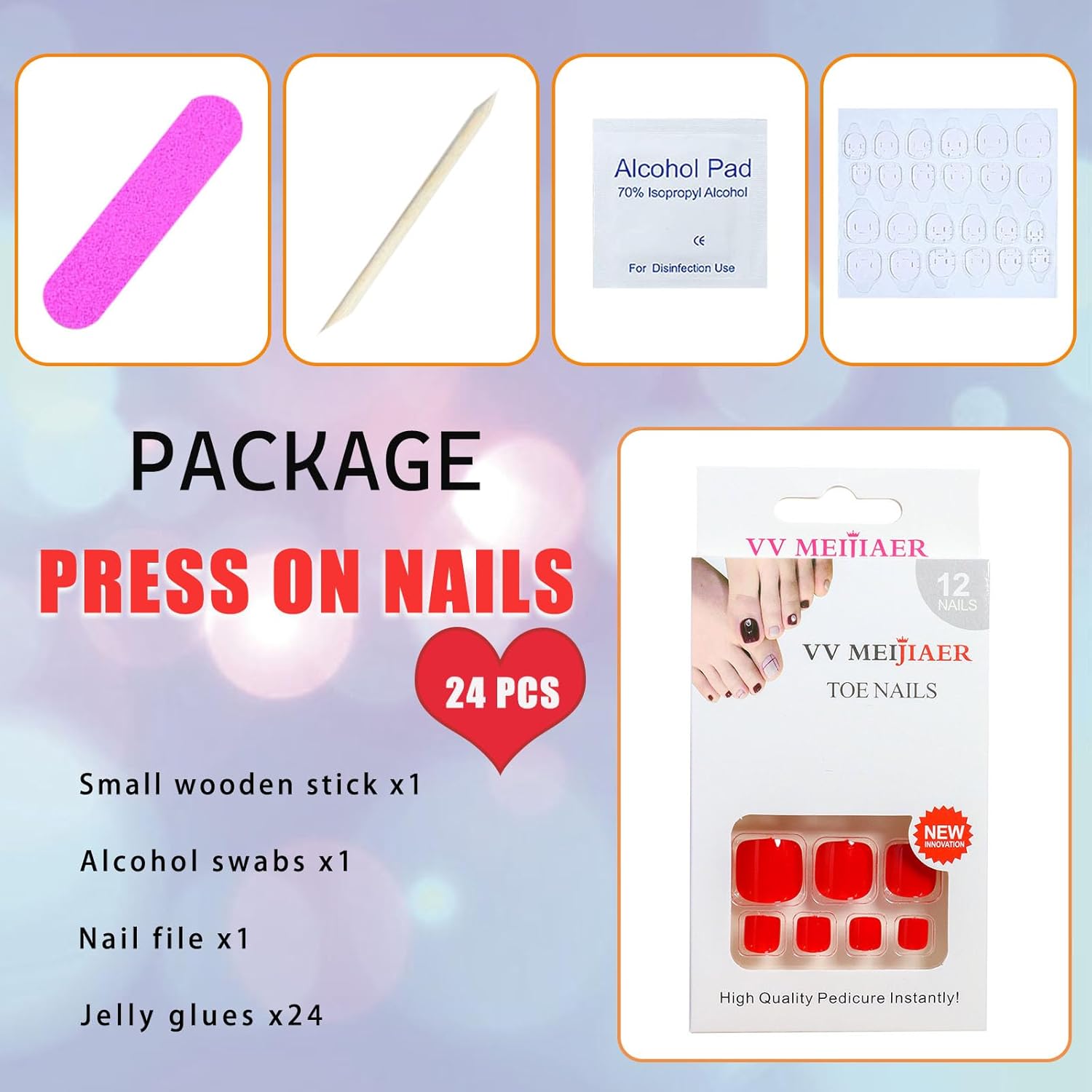 Red Glossy Full Cover Press-On Toenails 24 Pcs Artificial Tips for Daily Wear - Image 5