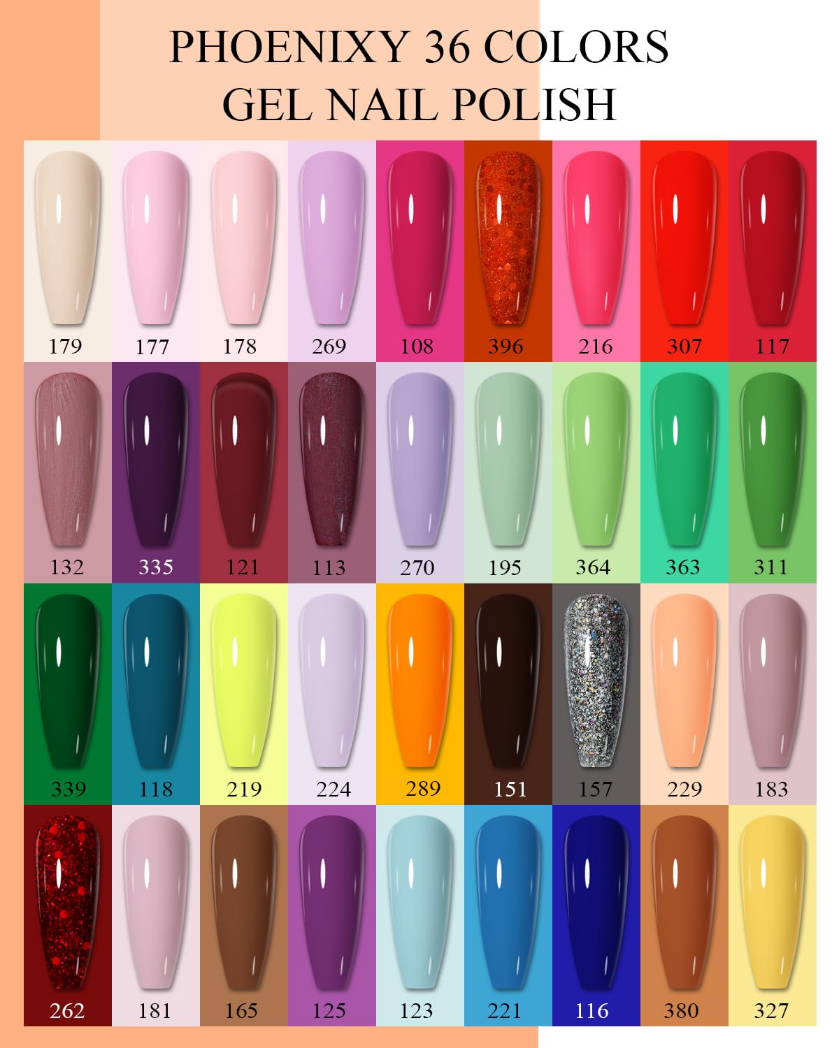 PHOENIXY 40 Piece Gel Nail Polish Set 36 Vibrant Colors with Top Coat for Salon Quality Home Manicures - Image 3