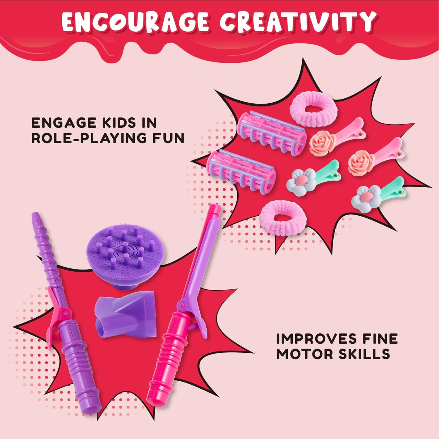JOYIN 17-Piece Pretend Play Beauty Salon Playset for Girls with Toy Hairdryer, Mirror, Curling Iron, and Accessories - Image 4