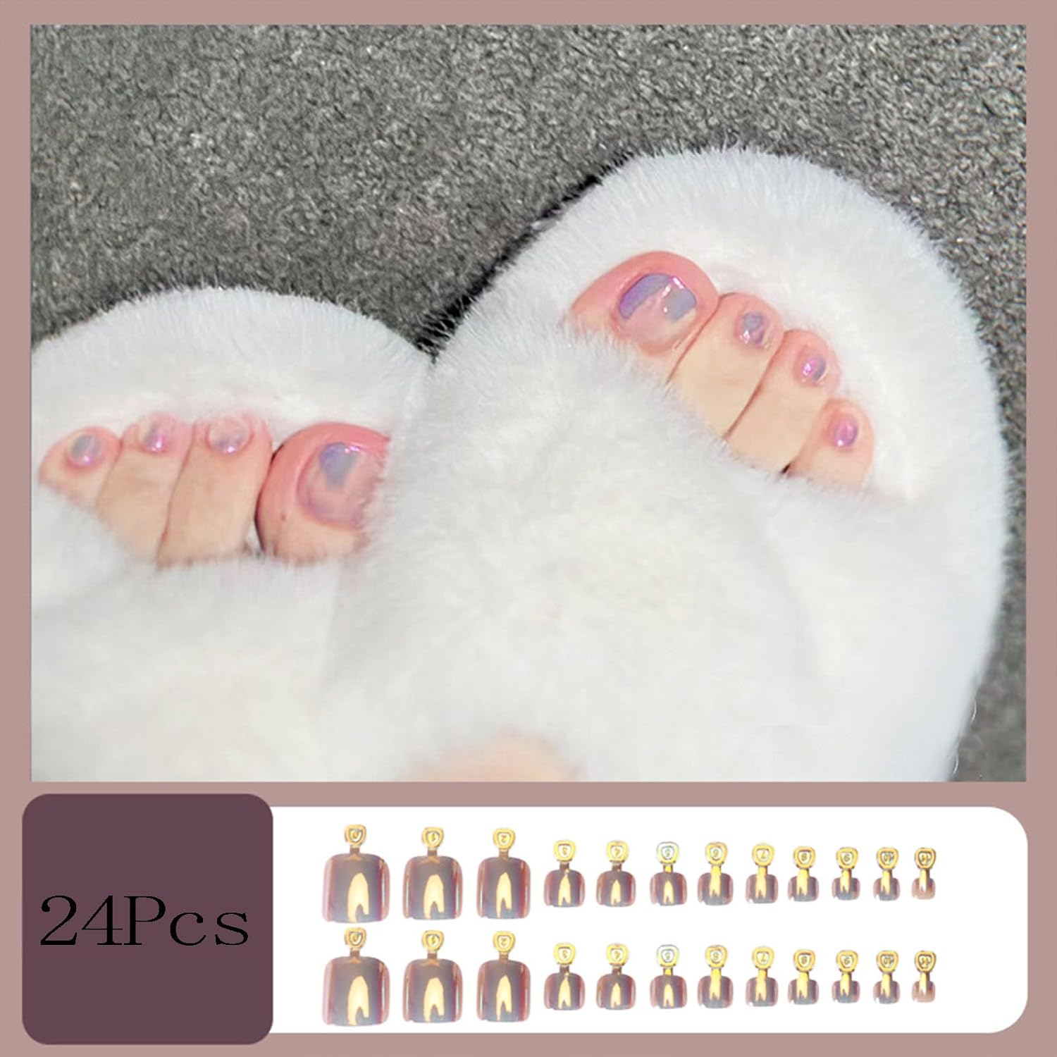 24 Pc Gold Glossy Chrome Press-On Toenails Short Square Acrylic Full Cover with Aurora Powder Designs - Image 5