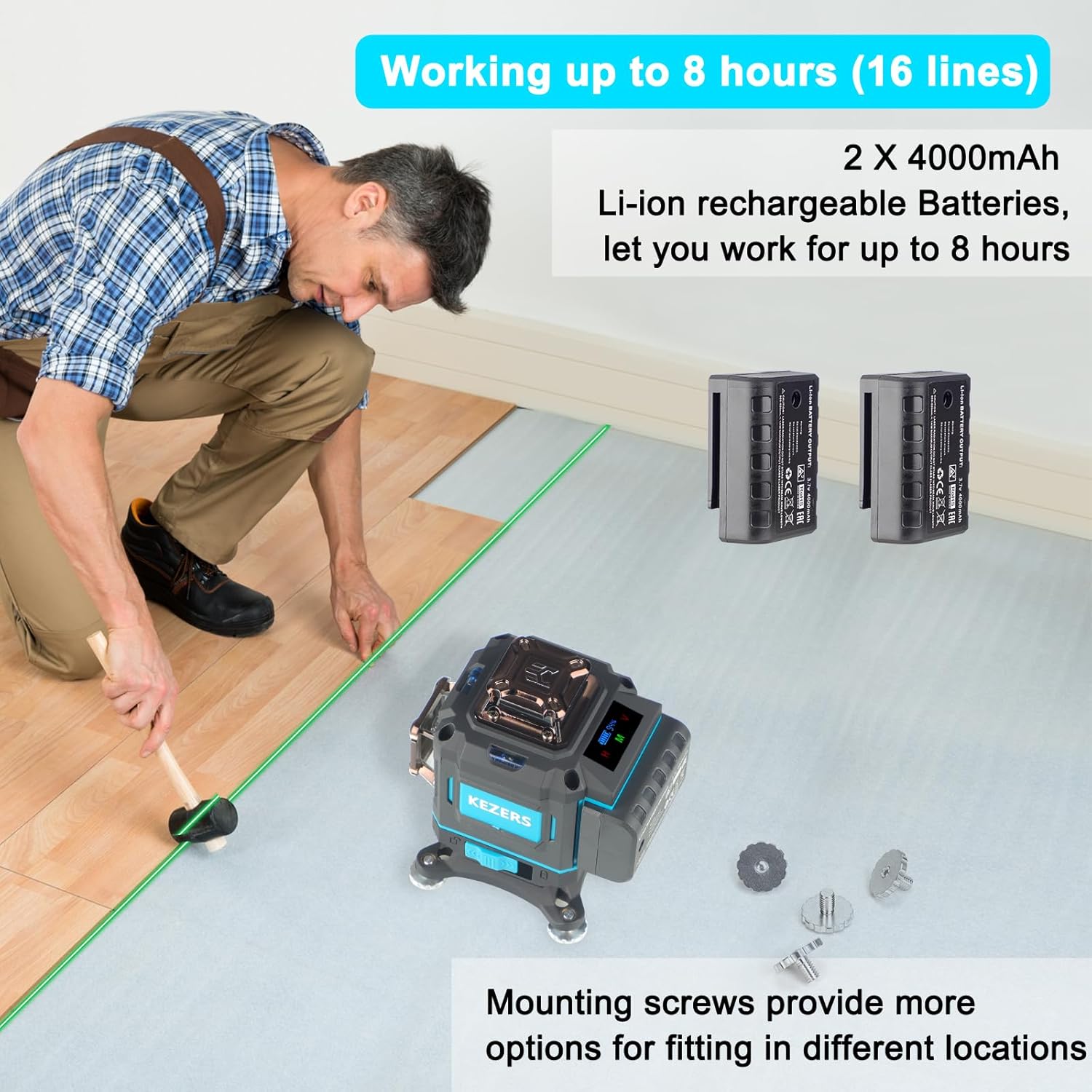 KEZERS 4x 360 Degree Green Laser Level Self-Leveling Alignment Tool with Remote Control - Image 3