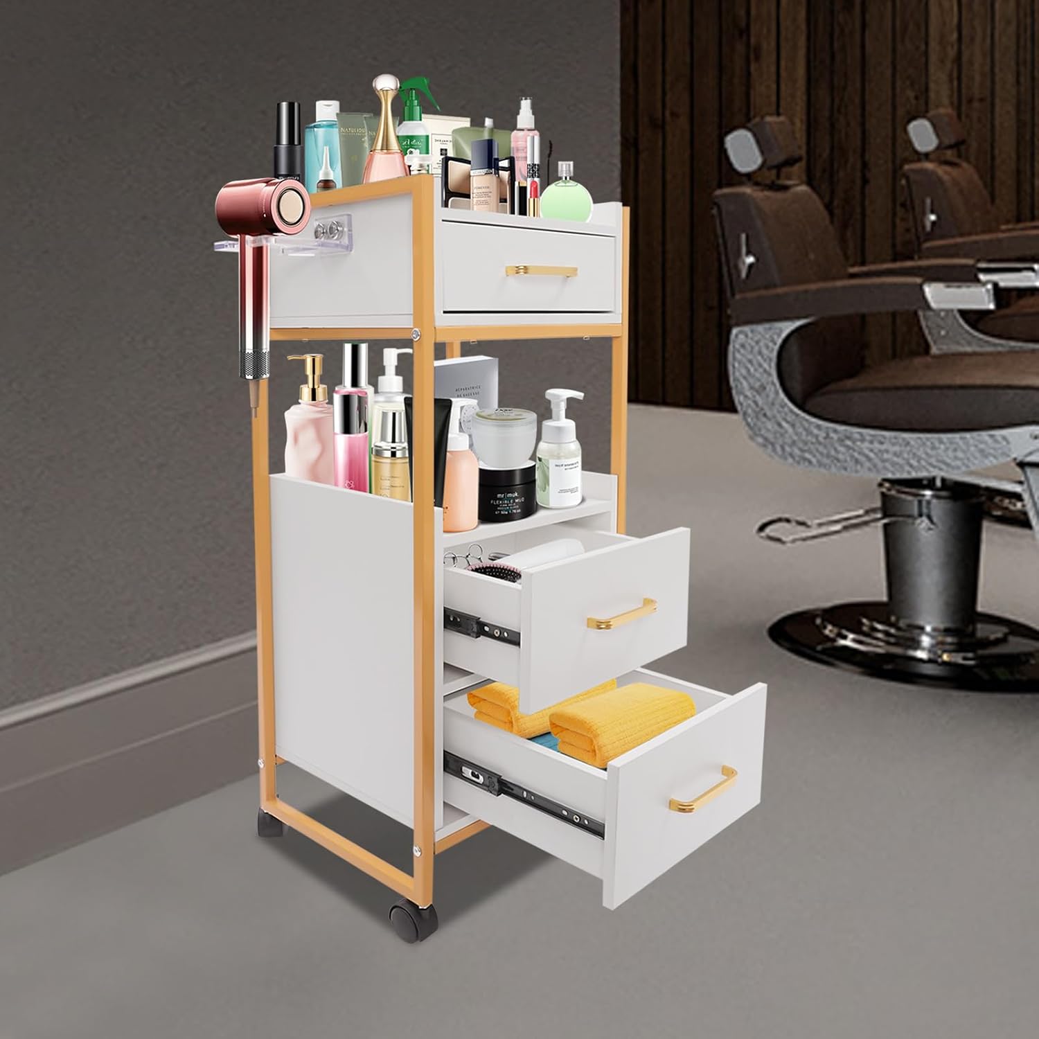 Gold and White 5-Drawer Salon Barber Trolley with Lockable Wheels and Hair Dryer Holder - Image 3