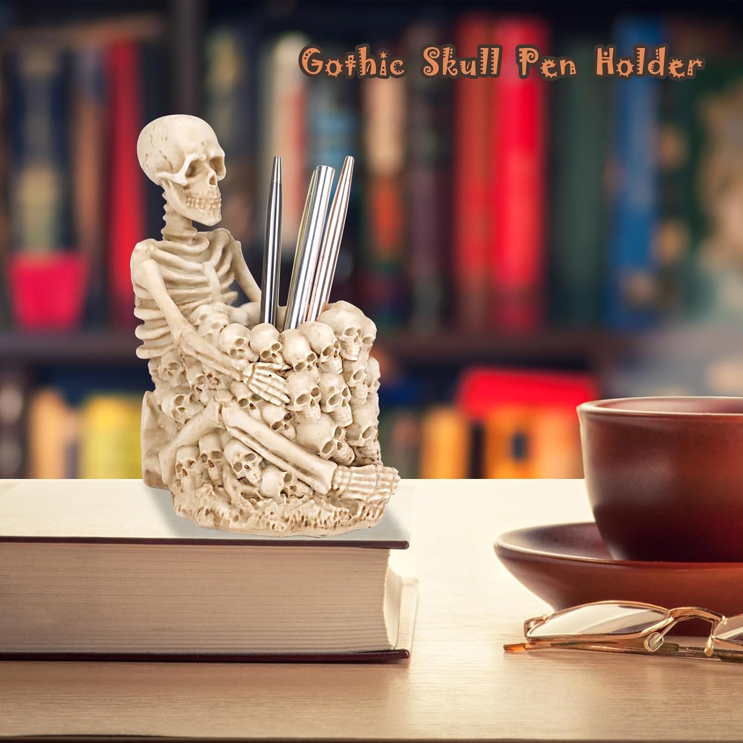 Skull Pen Holder for Desk, Gothic Skeleton Makeup Brush and Pencil Organizer for Home Office - Image 5