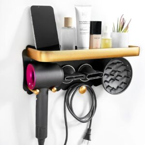 Hair Dryer Holder Wall Mounted with Storage Shelf,Bathroom Hair Tool Organizer for Dyson Hair Dryer Accessories Holder,Bathroom Organizer Hair Dryer Holder Toothbrush Cosmetic Storage Organizer Shelf