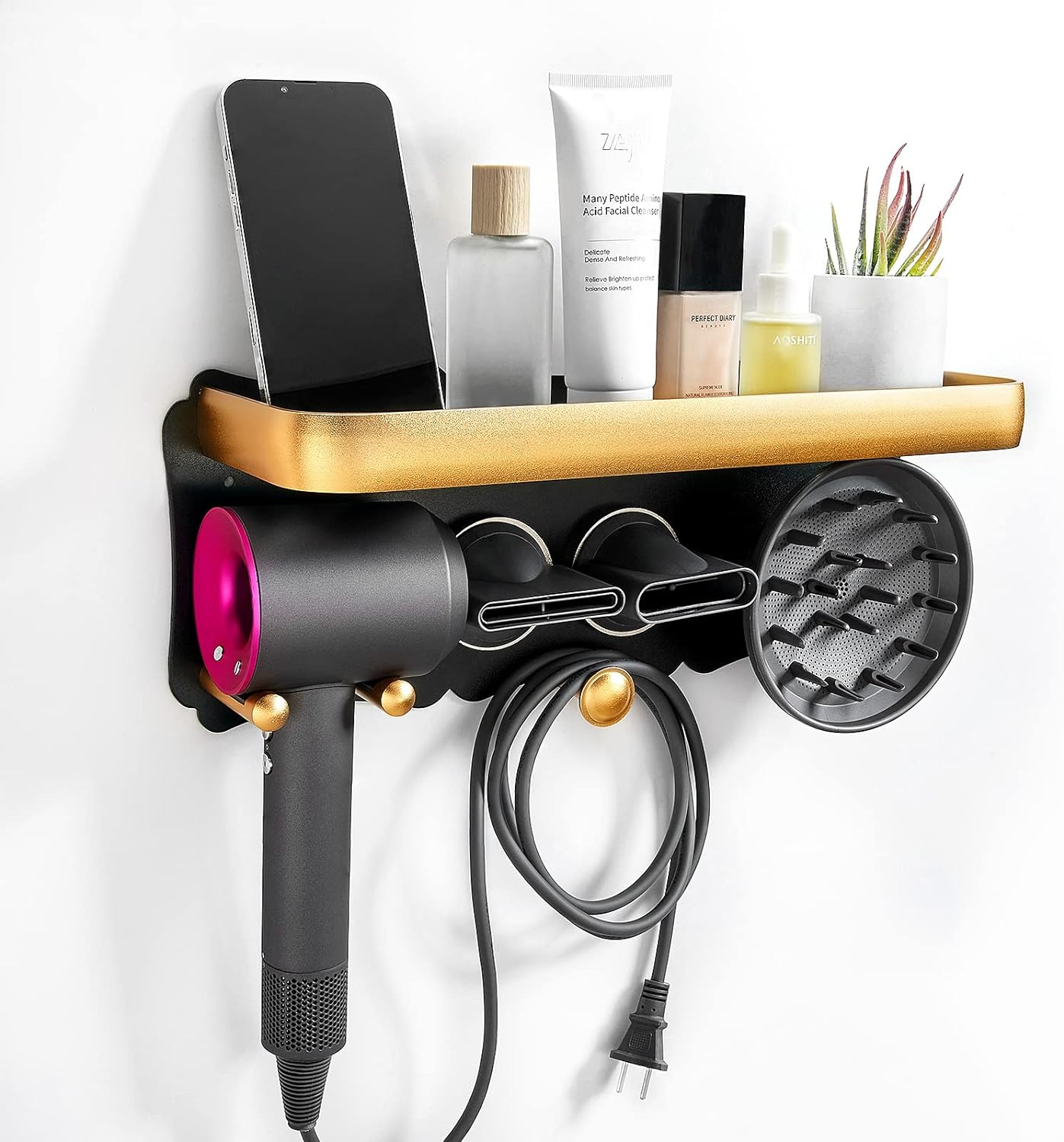 Hair Dryer Holder Wall Mounted with Storage ShelfοΌBathroom Hair Tool Organizer for Dyson Hair Dryer Accessories HolderοΌBathroom Organizer Hair Dryer Holder Toothbrush Cosmetic Storage Organizer Shelf