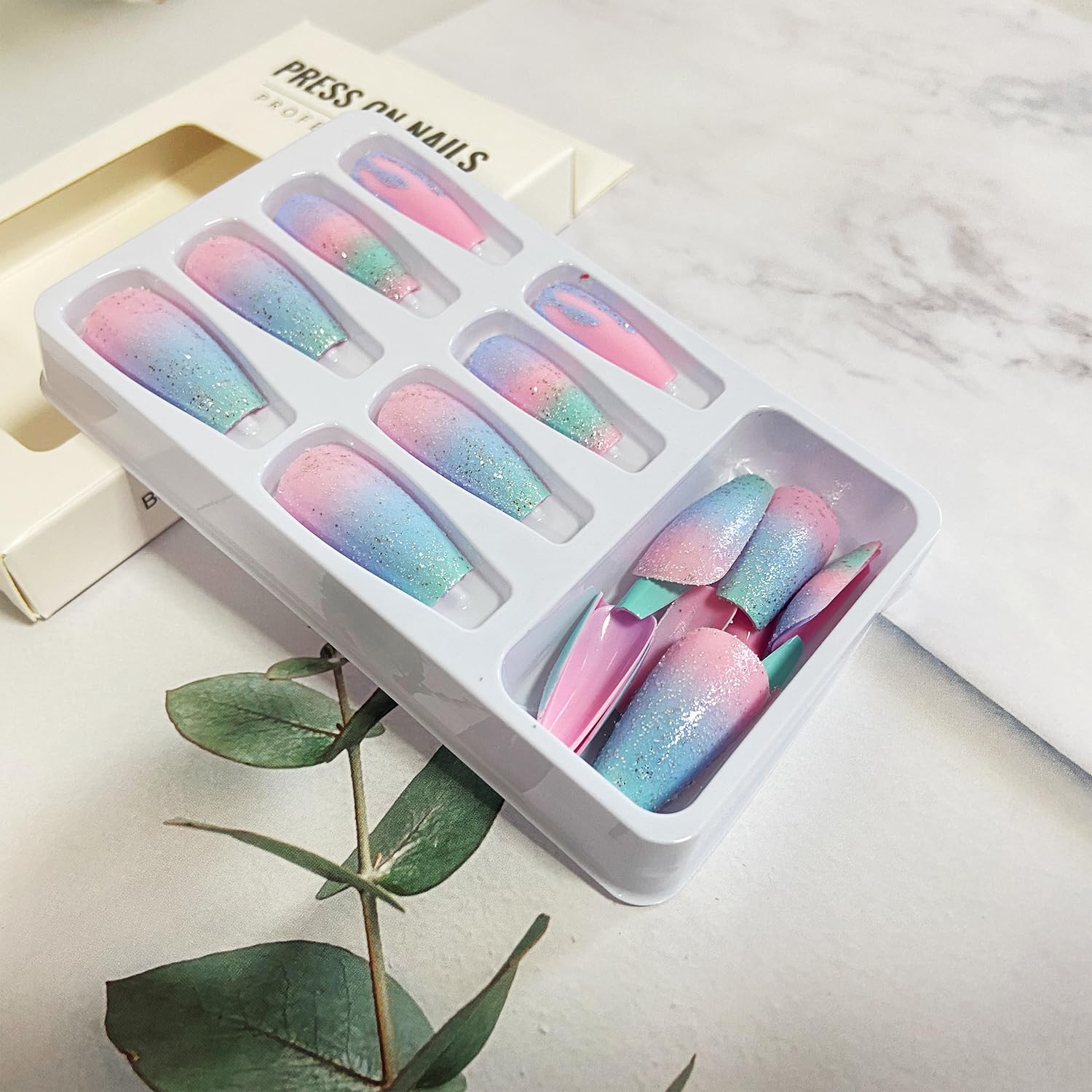 Ombre Medium Coffin Press on Nails 24 Piece Reusable Glitter Macaron Gradient Set - Image 4