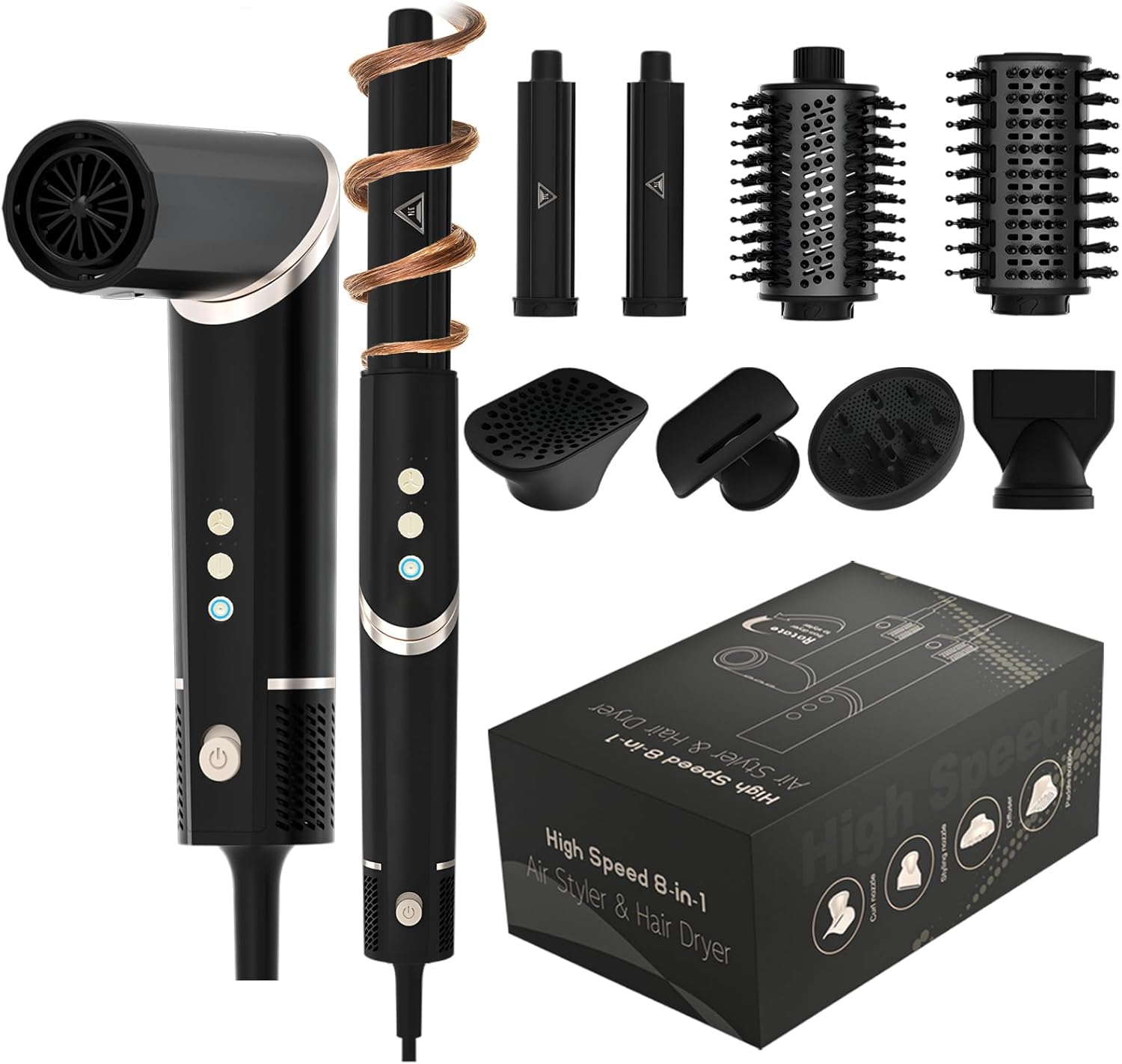 8-in-1 High-Speed Hot Air Styler,110,000 RPM Rotatable Hair Styler , Professional Frizz-Free Blow Dryer Brush, Fast Drying, No Heat Damage - Curl, Volumize, Straightening Styling