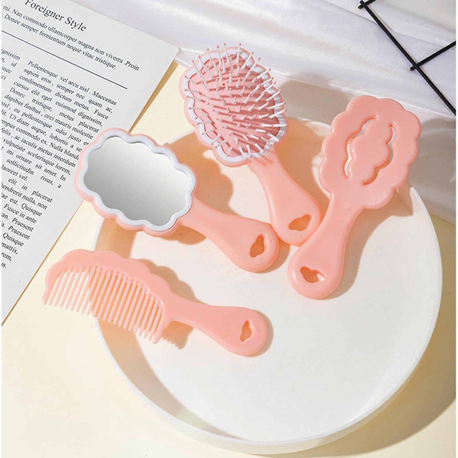 4-Piece Mini Cloud Hair Brush Comb Set with Handheld Mirror for Travel - Image 3