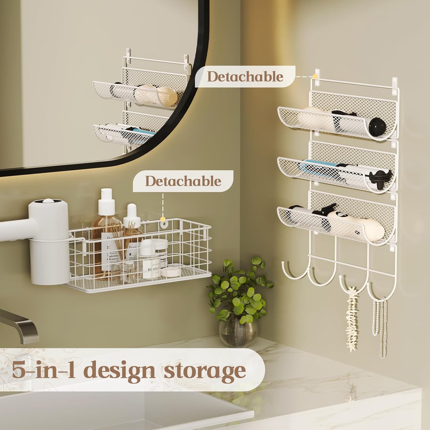 Wall-Mounted Hair Dryer Holder Organizer with 4 Shelves and Hooks for Styling Tools - Image 4