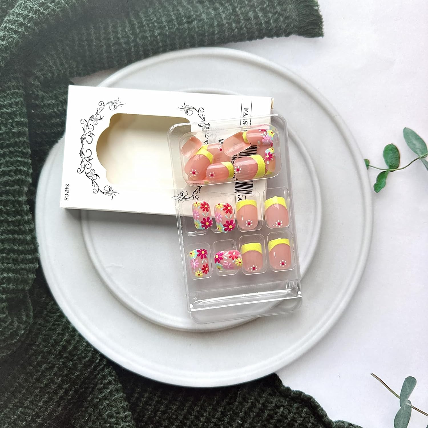 Matte Light Yellow Short Square French Tip Press on Nails Full Cover with Colorful Floral Design for Women - Image 2