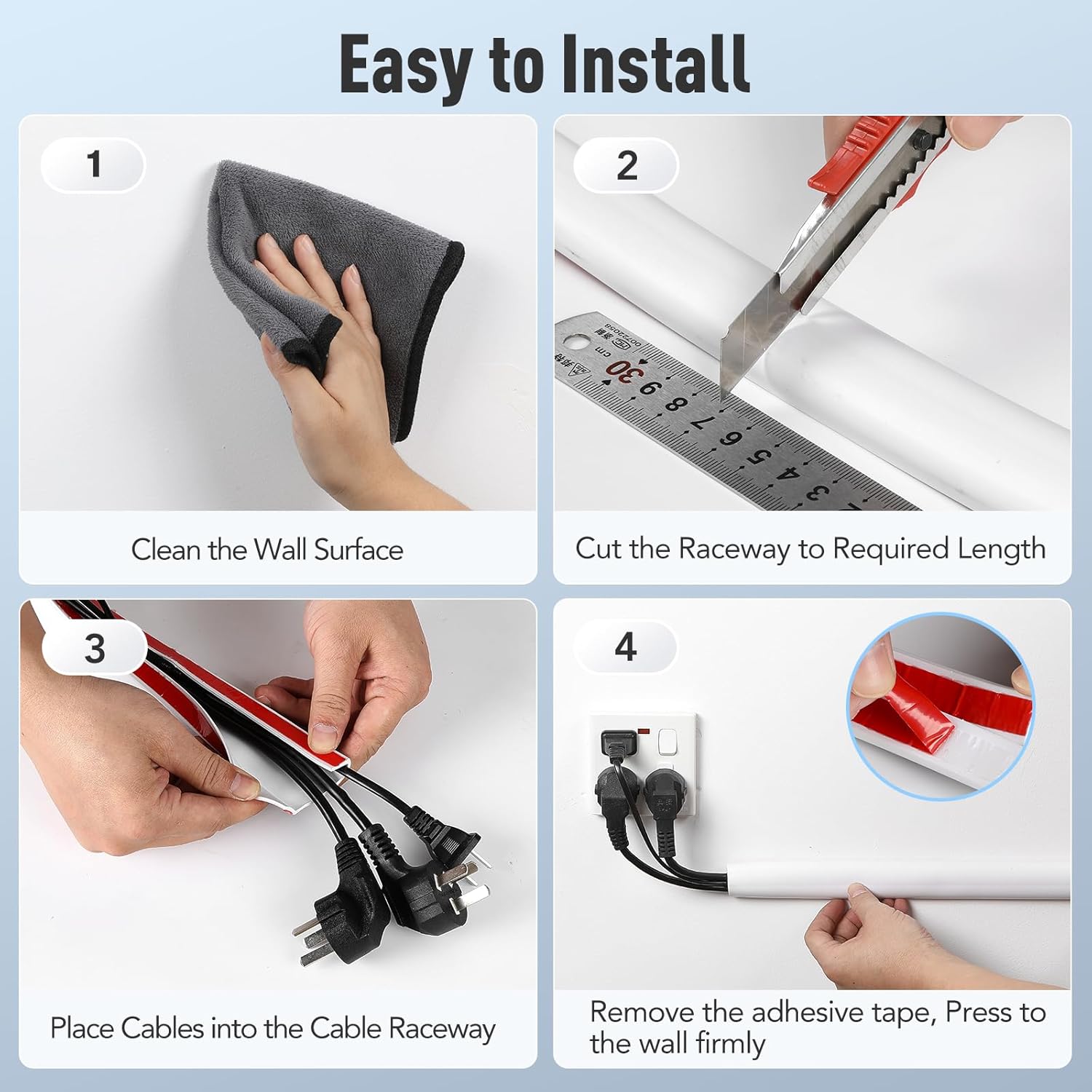 AGPTEK 78 Inch Wall Cord Hider Self-Adhesive Cable Raceway Flexible PVC 1.2" Wide x 0.5" High - Image 6